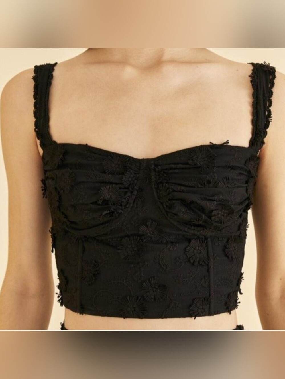 FARM RIO Black 3D Floral Lace Cropped Bustier Tank Top